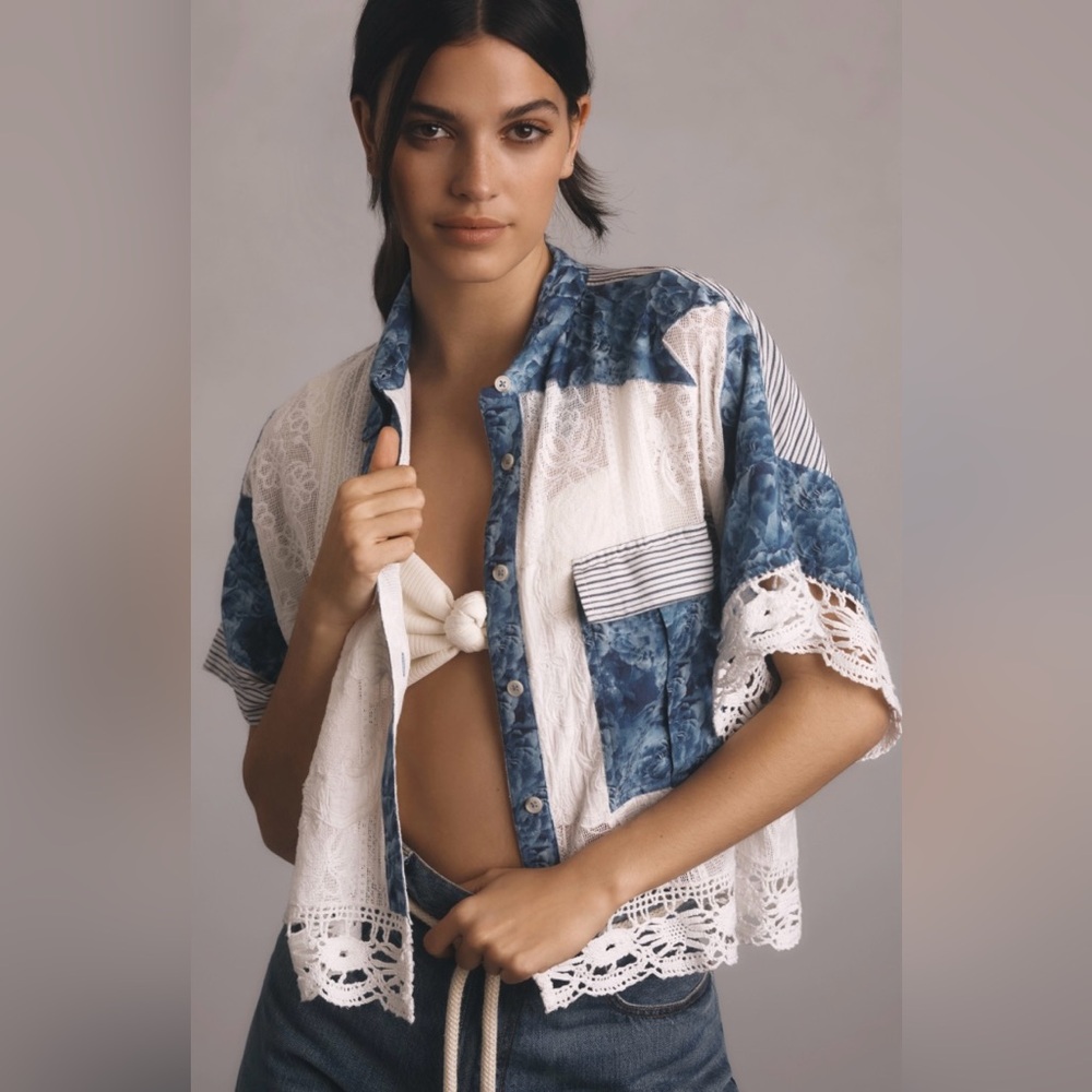 NWT $158 Anthropologie Pilcro Patchwork Cabana Shirt Lace M